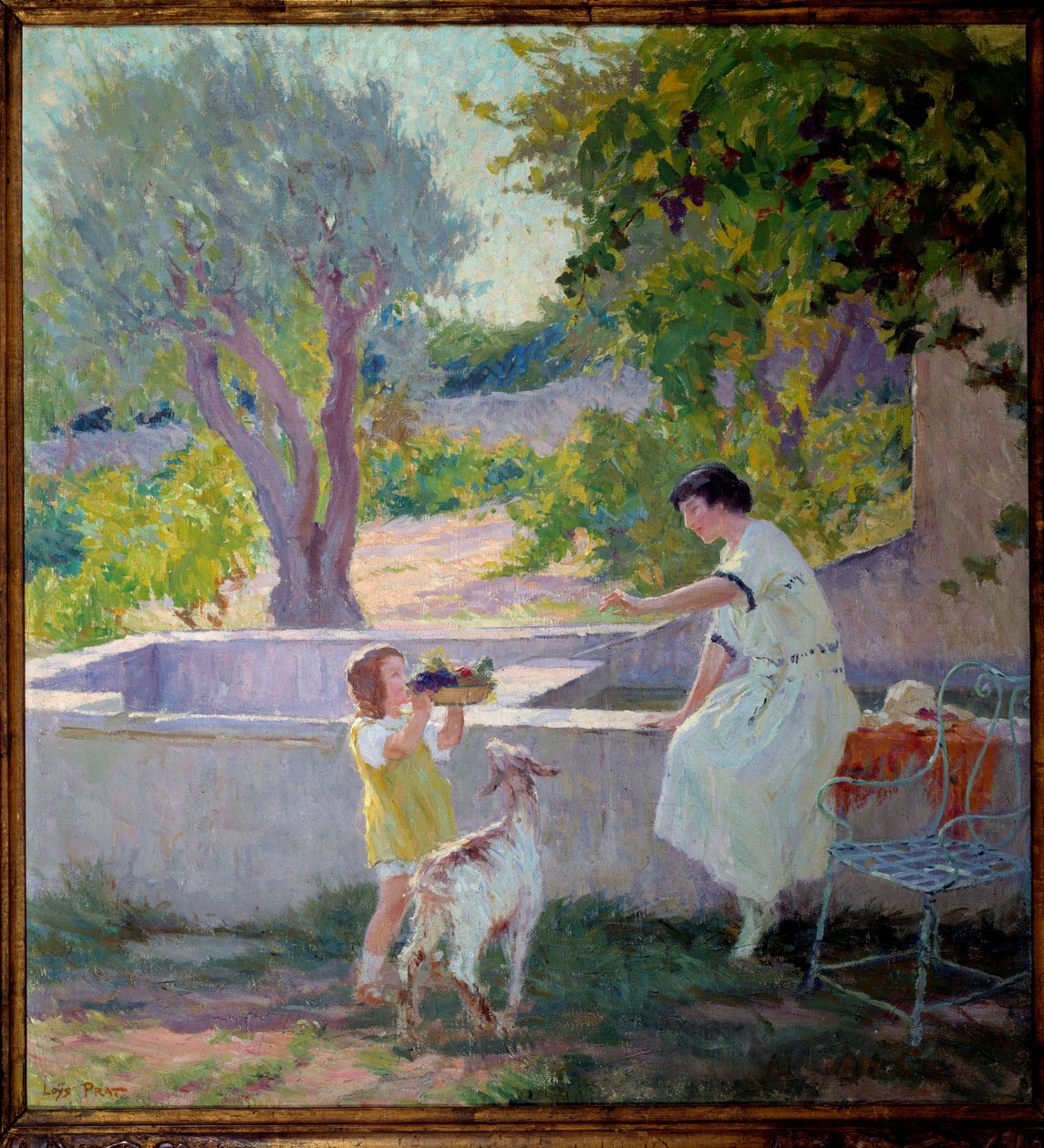 Madame Prat y su hija en el jardín con la cabrita de Loys Prat