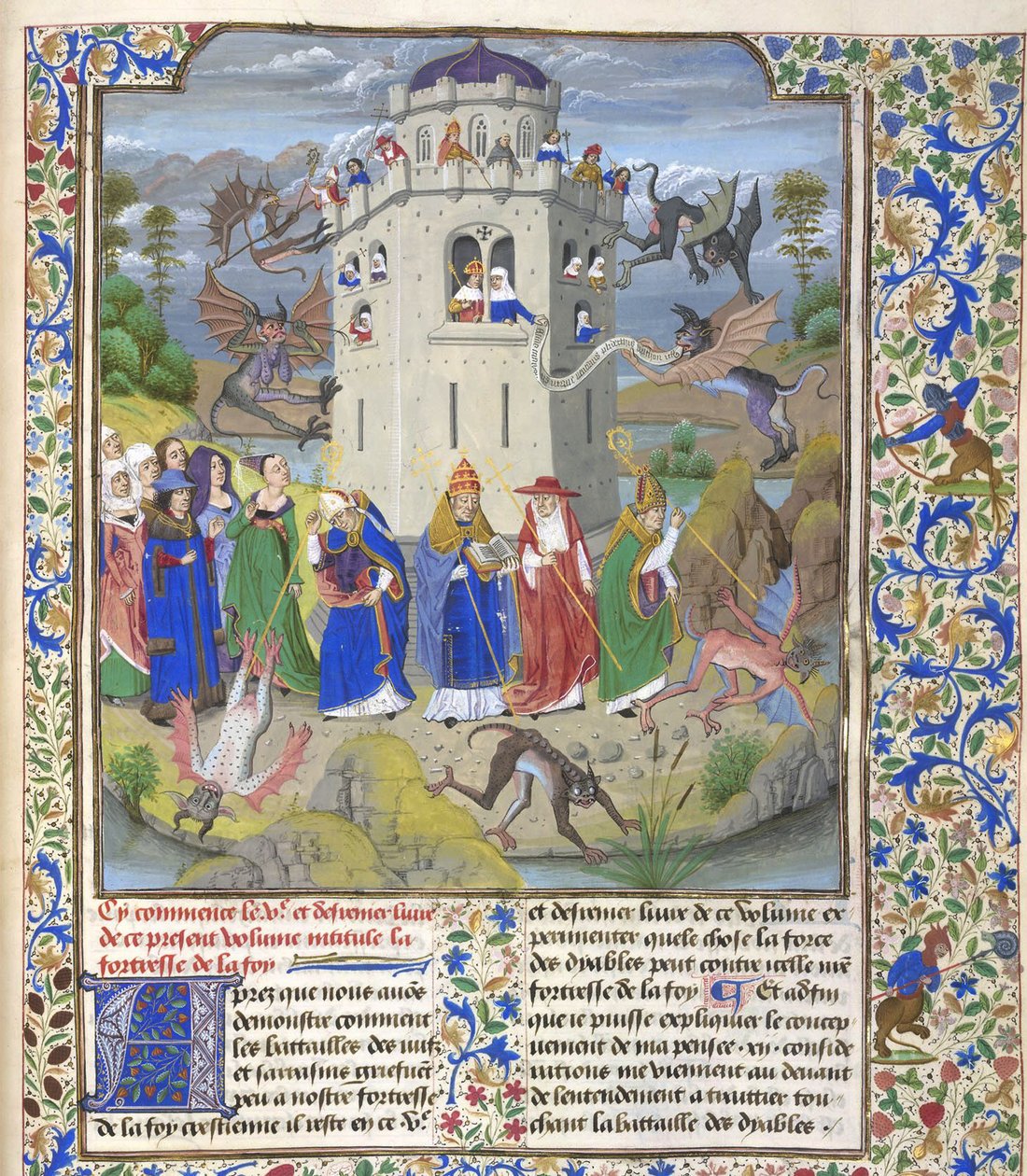 Fortaleza de la Fe Miniatura de los Santos Gregorio, Agustín, Jerónimo y Ambrosio luchando contra demonios de Loyset Liedet