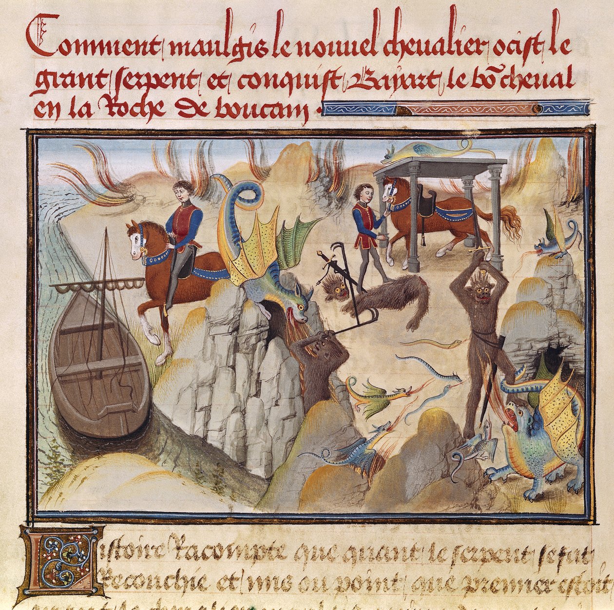 Ms 5072 fol.37v Maugis luchando contra la serpiente y ganando el caballo encantado, Bayard, del ciclo de Renaud de Montauban de Loyset Liedet