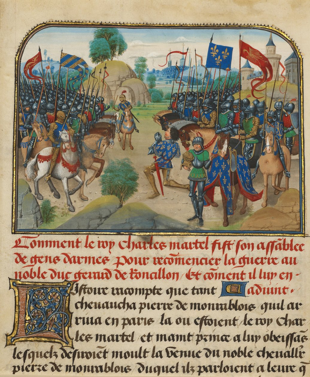 Los ejércitos de Francia y Borgoña con Martel en oración de Loyset Liedet