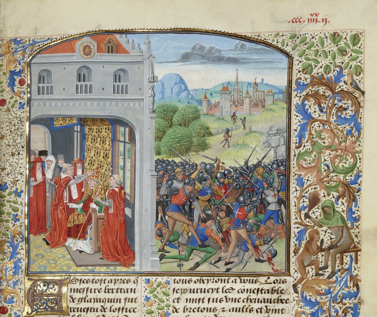 La coronación del Papa Gregorio XI y la Batalla de Pontvallain, 1370, ca 1470-1475 de Loyset Liedet