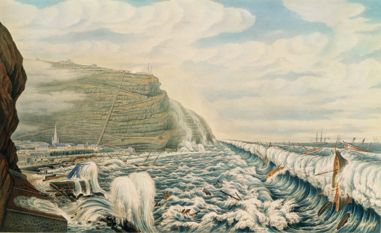 Vista de Jamestown y el puerto, Santa Elena, grabado por T. Picken, c.1846 (grabado) de Lt. F.R. Stack