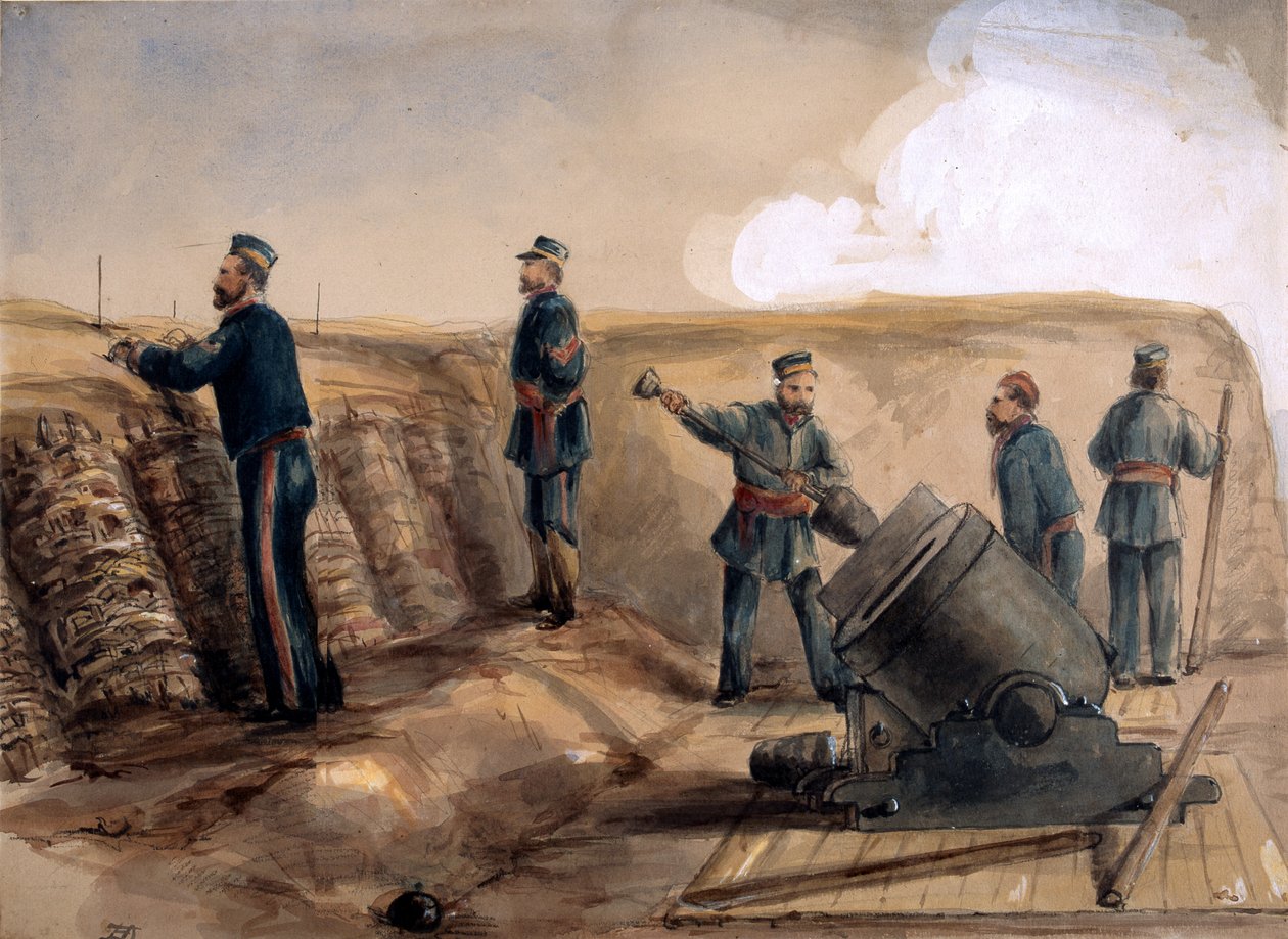 Un mortero de 13 pulgadas de la Artillería Real en acción, 1855 de Lt. Henry James Alderson