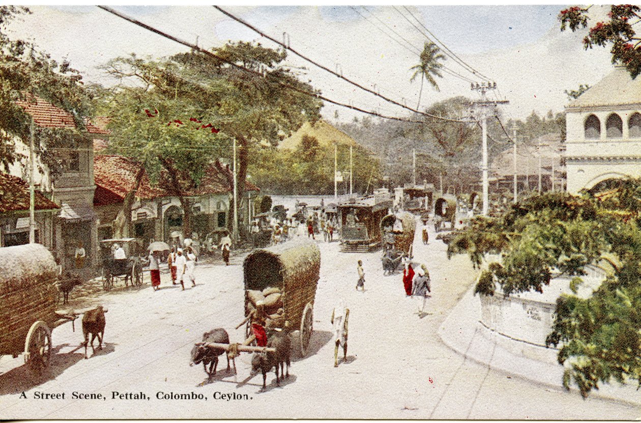 Escena de calle, Pettah, Colombo, Ceilán, c.1900-20 (fotografía coloreada a mano) de Ltd. Ceylon Plâté
