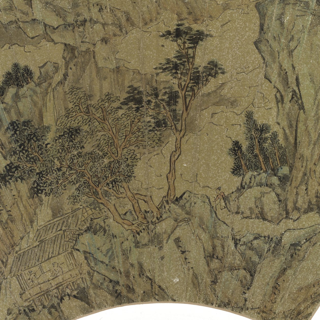 (detalle) de paisaje con lago, montañas y figuras en casa de verano de Lu Zhi