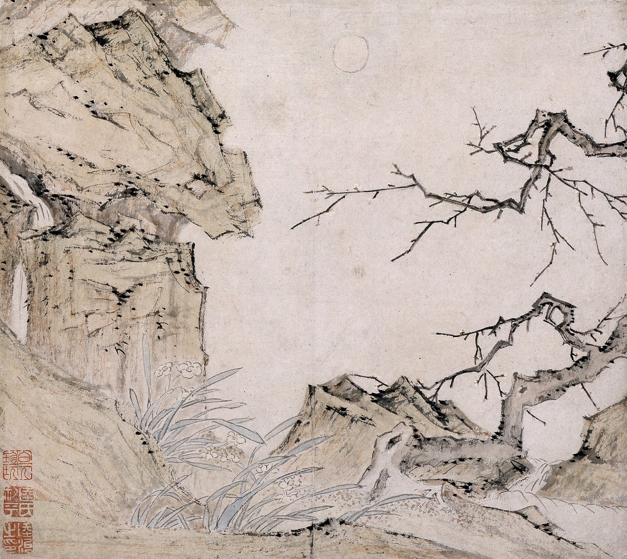 Narciso, ciruelo en un paisaje (tinta y color sobre papel) de Lu Zhi