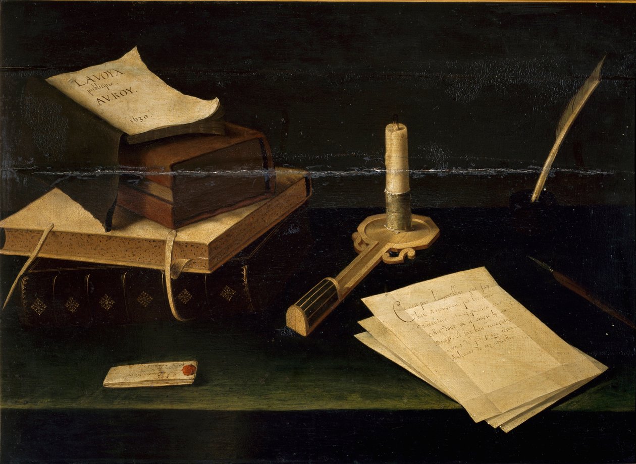 Naturaleza muerta de libros, pluma, carta y vela de Lubin Baugin