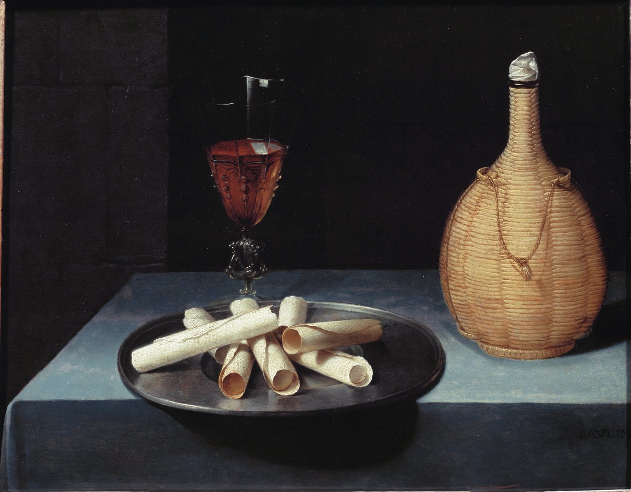 Bodegón de postre de obleas, botella de vino y vaso de Lubin Baugin