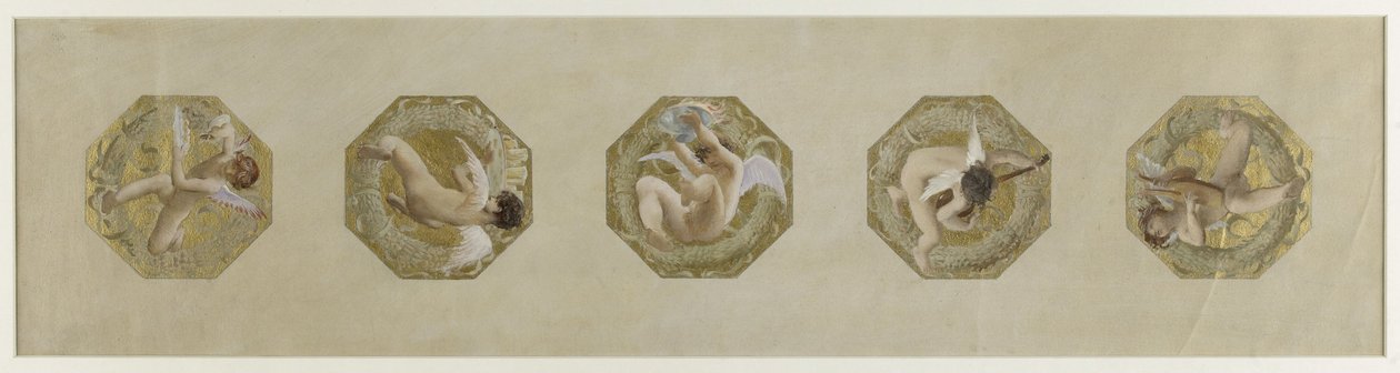 Boceto para el Hôtel de Ville de París, Escalera festiva: Génies portant des attributs de fête, hacia 1888 (óleo sobre papel) de Luc Oliver Merson