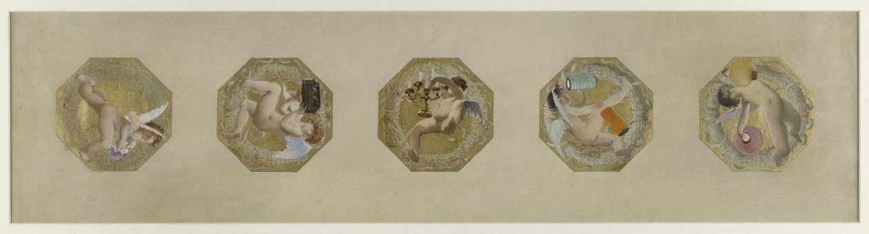 Boceto para el Hôtel de Ville de París, Escalera festiva: Génies portant des attributs de fête, débuten 1888 (óleo sobre papel) de Luc Oliver Merson