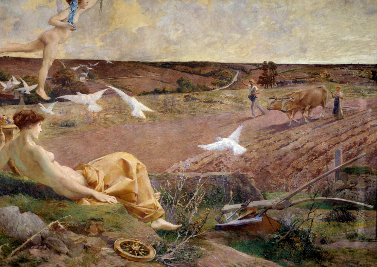 Representación alegórica de la Fortuna de la Abundancia y la fertilidad. Un campesino arando su campo en el fondo. Detalle de Luc Oliver Merson