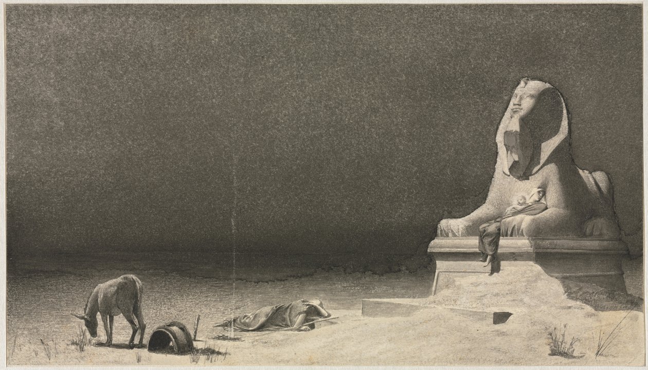 El descanso en la huida a Egipto (recto), Boceto de una esfinge (verso), c. 1879-80 de Luc Olivier Merson