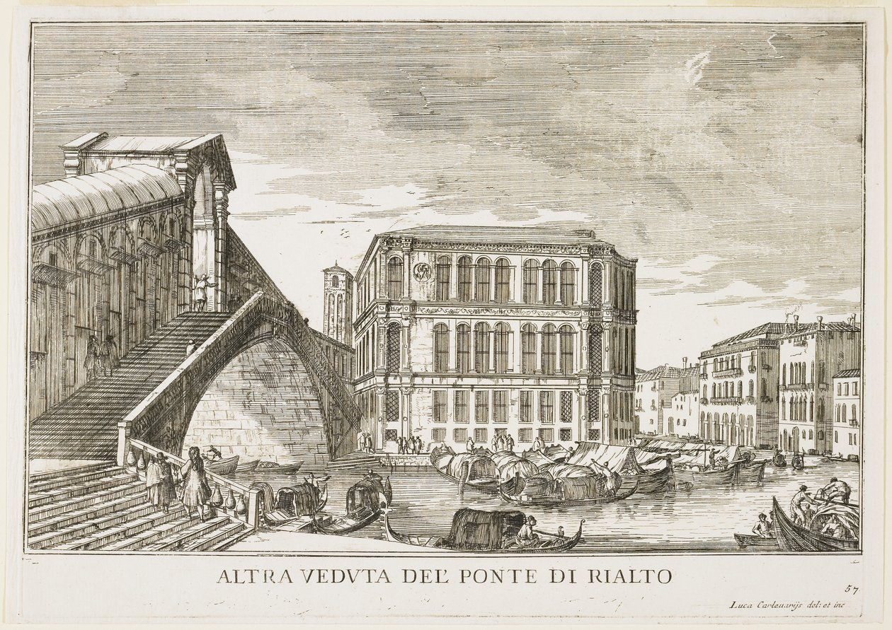 Vista del Puente de Rialto, lámina de Los Edificios y Vistas de Venecia, 1703 de Luca Carlevaris