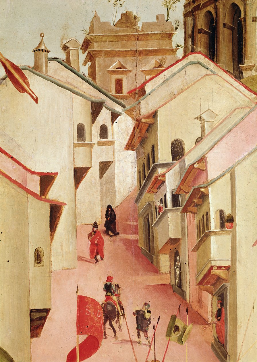El martirio de San Sebastián, detalle de la ciudad (detalle) de Luca Signorelli