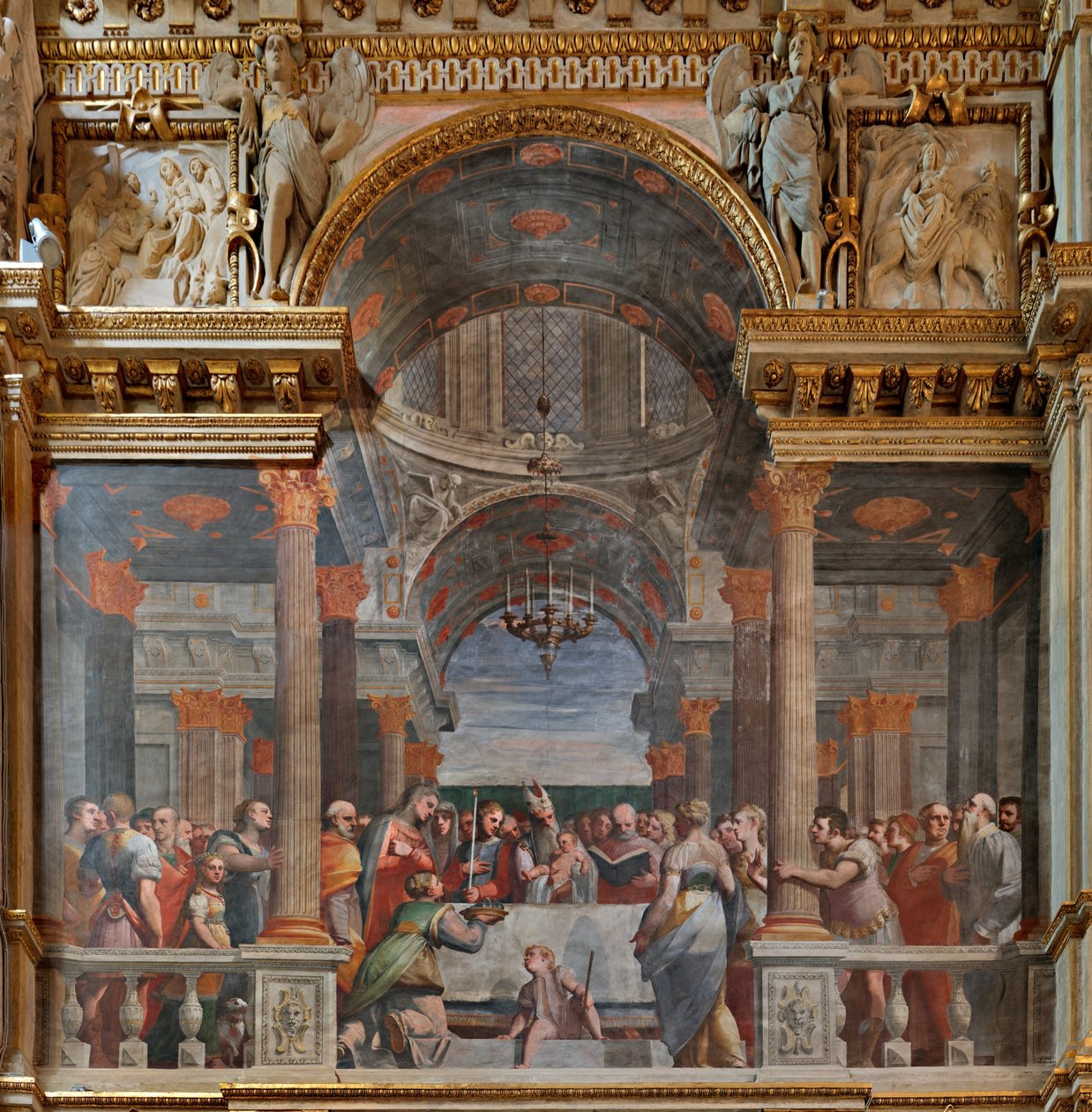 Génova, Duomo (Catedral de San Lorenzo), interior, Capilla Lercari o Capilla del Santísimo Sacramento (ábside norte), lado norte: "La Presentación en el Templo", fresco de Luca Cambiaso de Luca Cambiaso