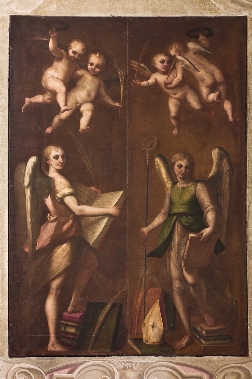 Génova, Duomo (Catedral de San Lorenzo), sacristía, capilla: "Ángeles con insignias episcopales, libros y palmas", de Luca Cambiaso, hacia 1580 de Luca Cambiaso