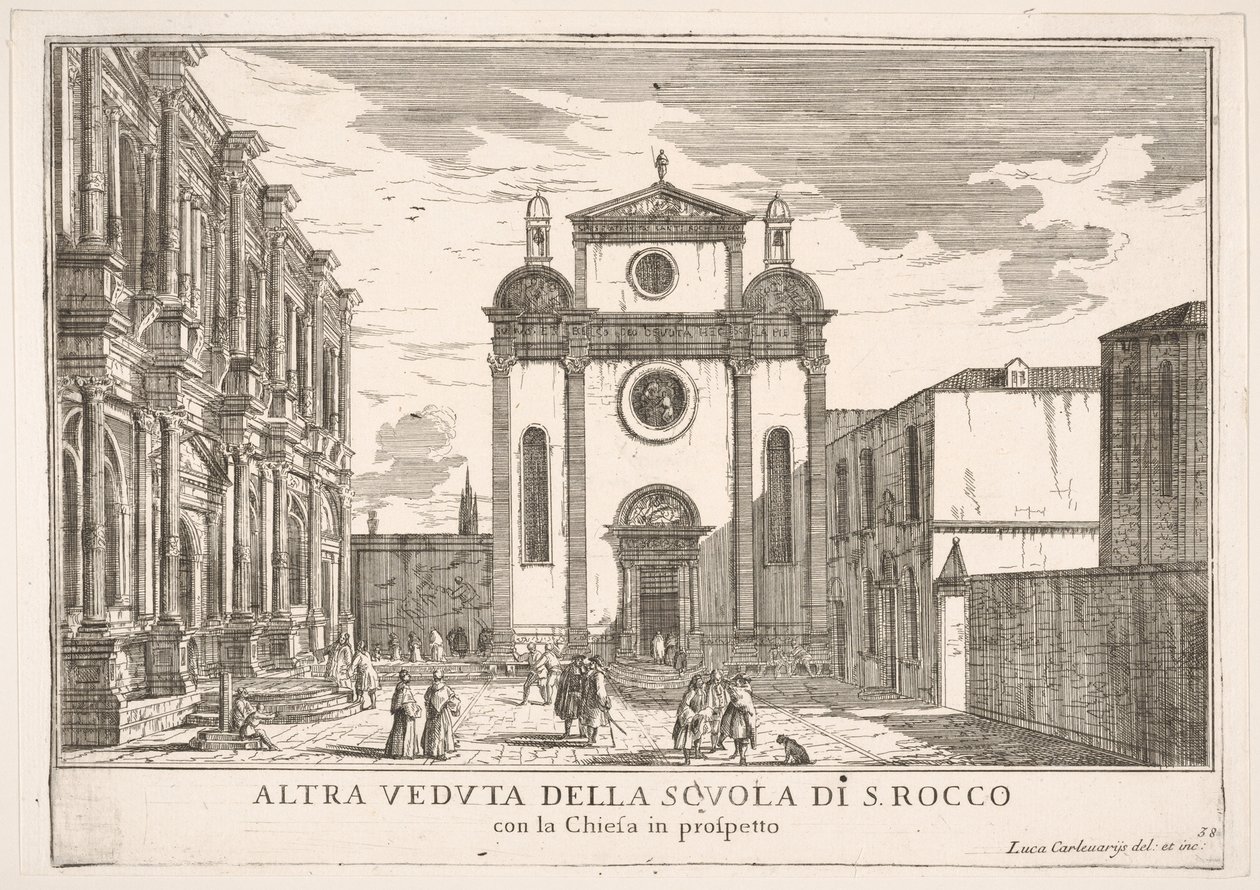 Vista de la fachada de la iglesia de San Roque y a la izquierda la fachada de la Escuela de Luca Carlevarijs