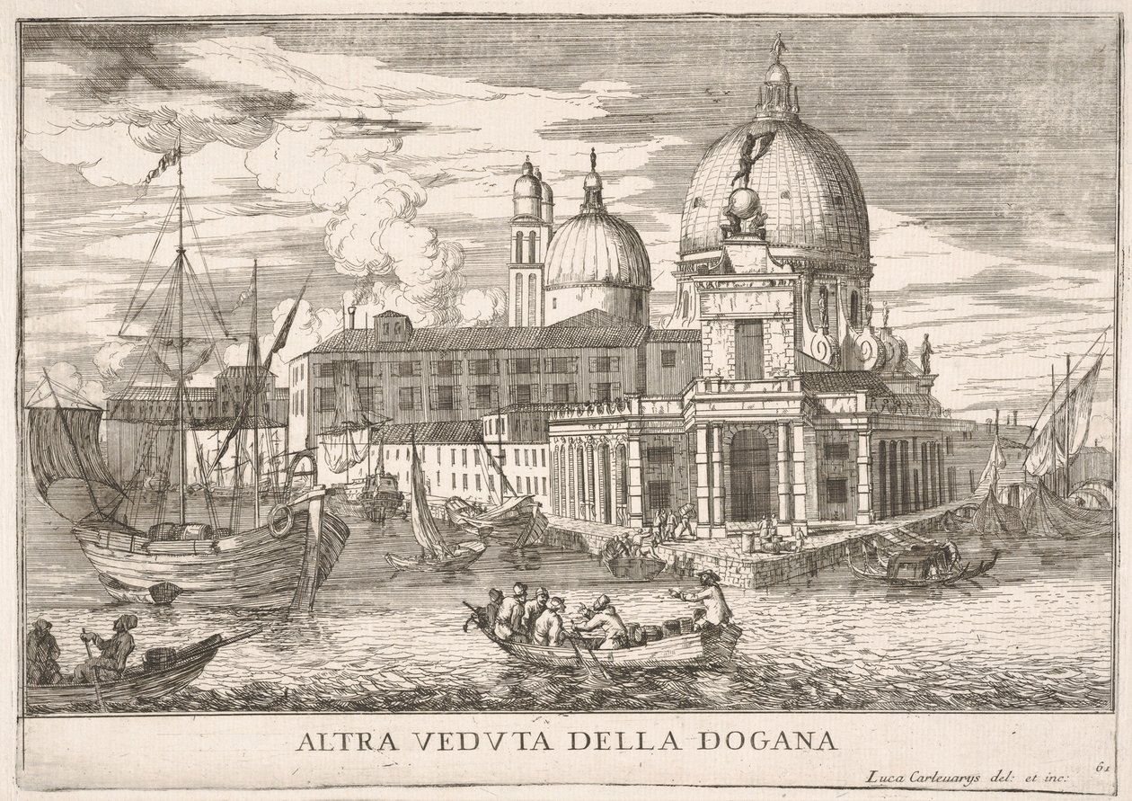 Lámina 61: Vista de la aduana Dogana da Mar en la confluencia del Gran Canal, 1703 de Luca Carlevarijs