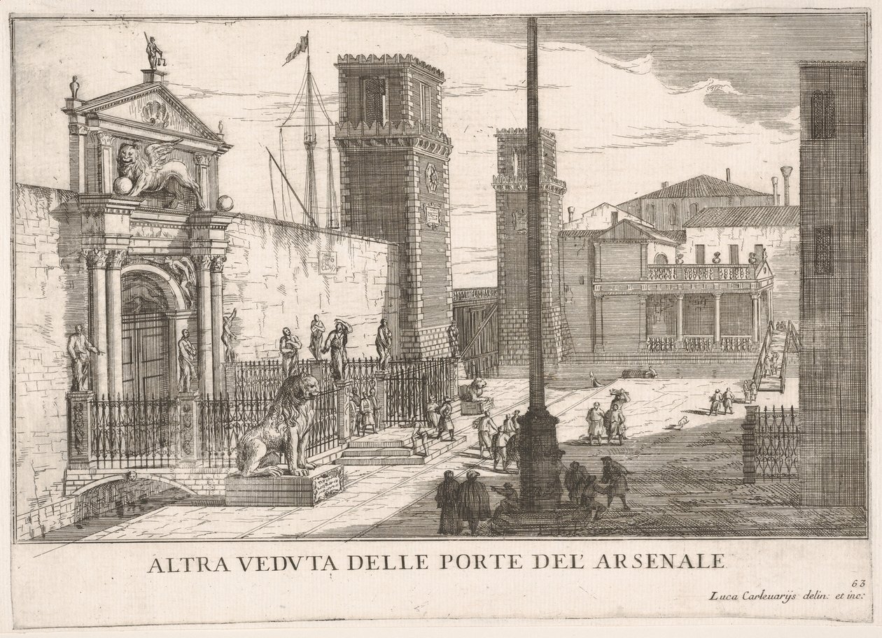 Vista de la puerta del astillero y complejo de la armería Arsenale, Venecia de Luca Carlevarijs