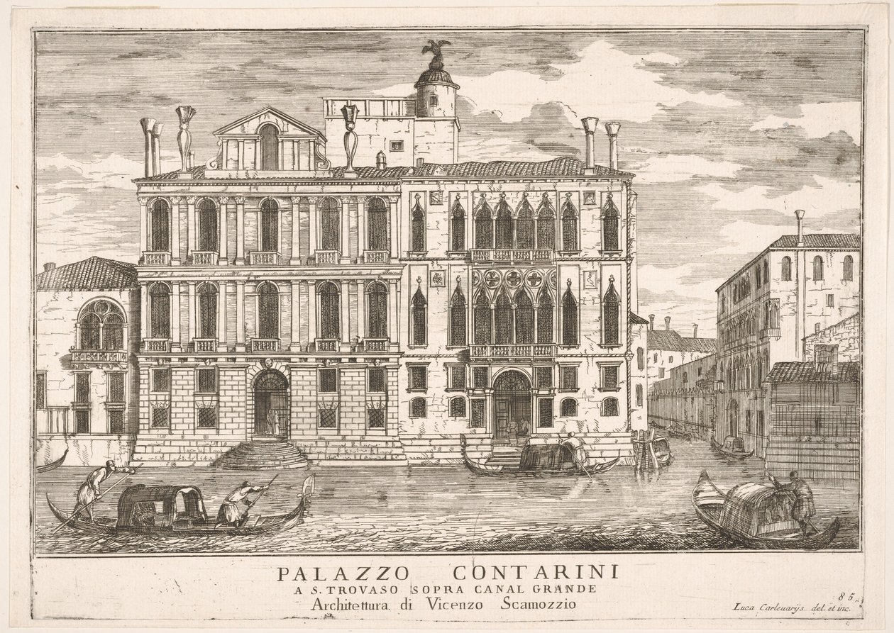 Vista del Palacio Contarini en Campo San Trovaso, Venecia, 1703, de The build..., 1703 de Luca Carlevarijs