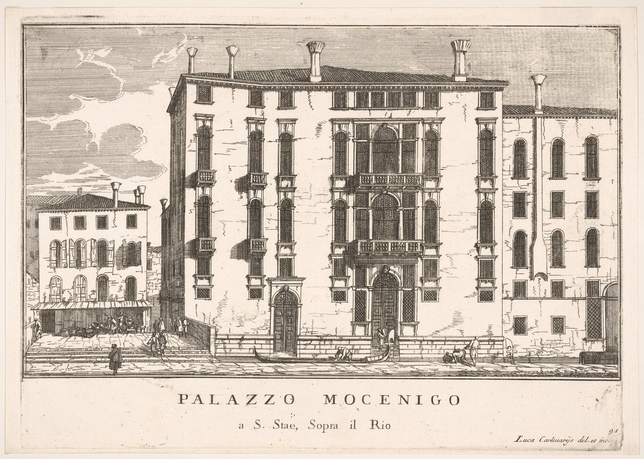 Placa 91: Vista del Palacio Mocenigo en Campo San Stae, Venecia, 1703, de Los edificios, 1703 de Luca Carlevarijs