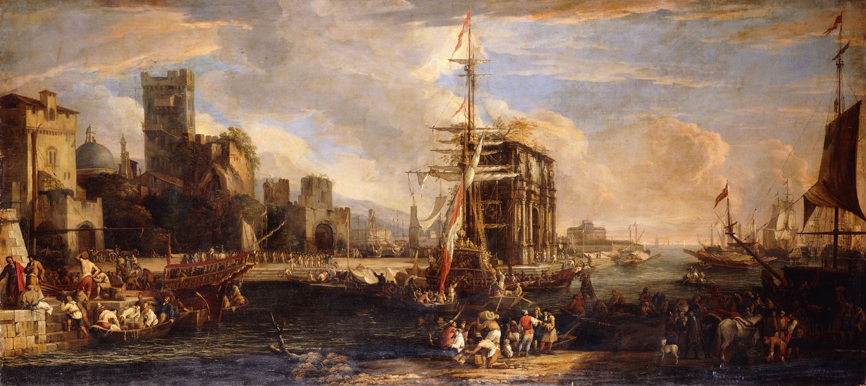 Un Capricho de un Puerto Mediterráneo con Barcos Austriacos, Comerciantes y Marineros en los Muelles en Primer Plano, una Compañía de Milicia cerca del Arco de Constantino y Castel Sant