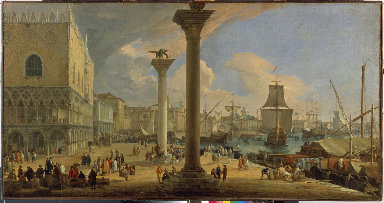 El Molo y el Palacio Ducal (Venecia, Italia) - Pintura de Luca Carlevaris (1663-1730), óleo sobre lienzo, hacia 1710, 64x121 cm - El Molo con el Palacio Ducal, Óleo sobre lienzo de Luca Carlevaris - State Hermitage, St -Petersburgo de Luca Carlevaris