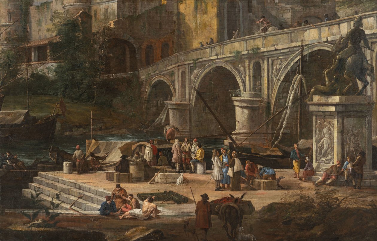 Vista de un puerto fluvial, entre 1690 y 1699 de Luca Carlevaris