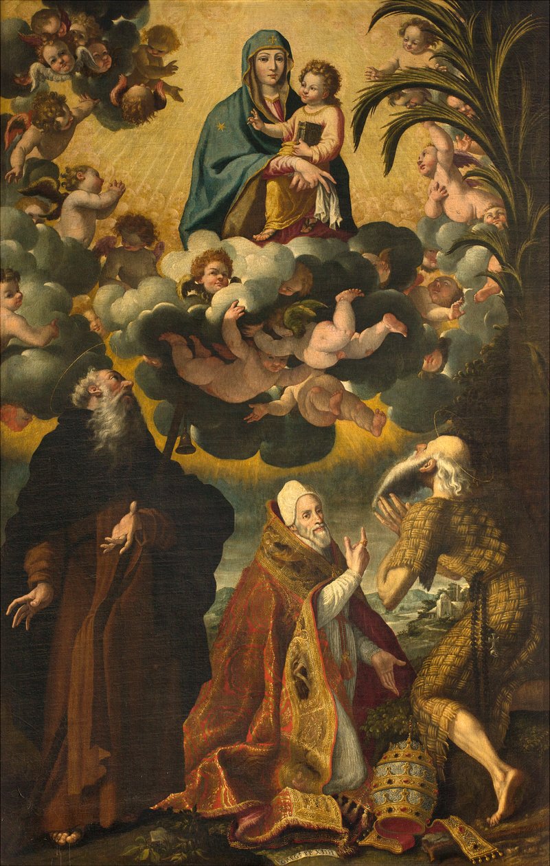Altar de San Antonio, Virgen con el Niño con los Santos Antonio Abad Pablo Ermitaño y el Papa Gregorio XIV, Lucas Cattapane 1593 de Luca Cattapane