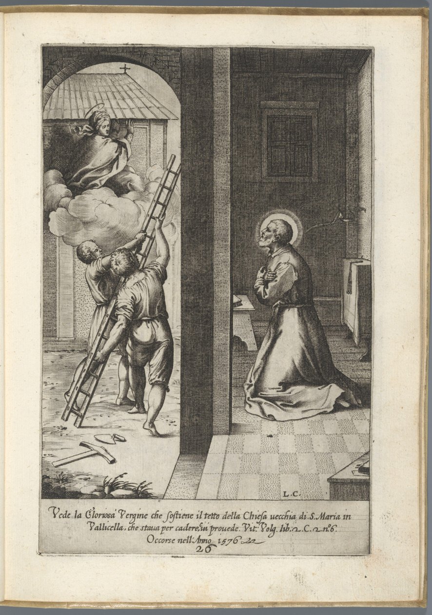 Filippo Neri ve a María llevando el techo de Santa María en Vallicella
Vida de San Felipe Neri (título de la serie) de Luca Ciamberlano