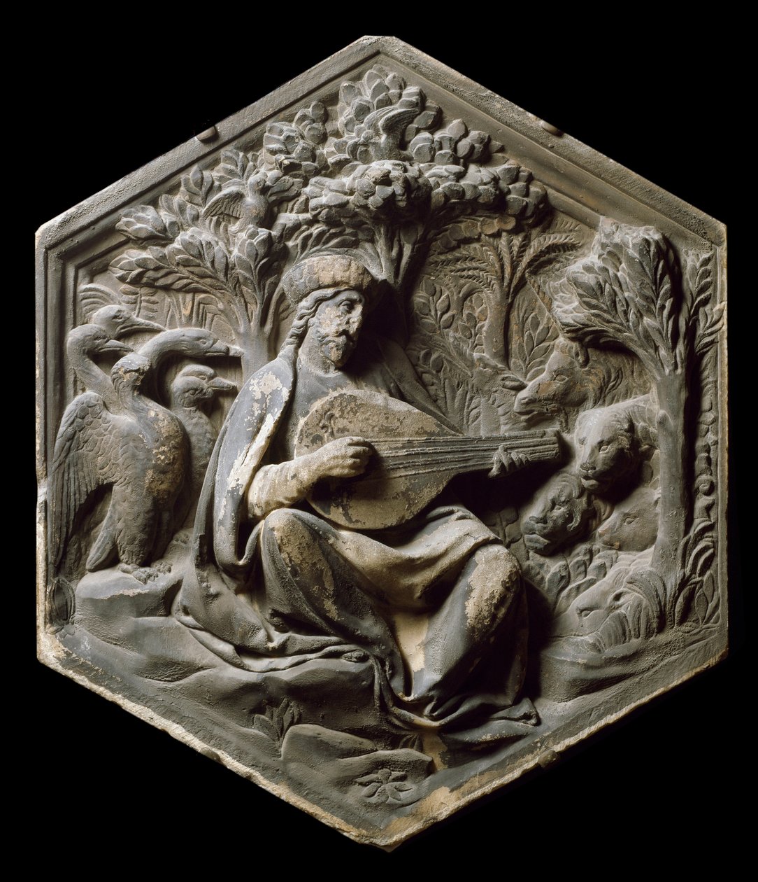 Alegoría de la música como Orfeo. Los animales del bosque escuchan a Orfeo tocando el laúd. Alto relieve por Luca della Robbia de Luca Della Robbia