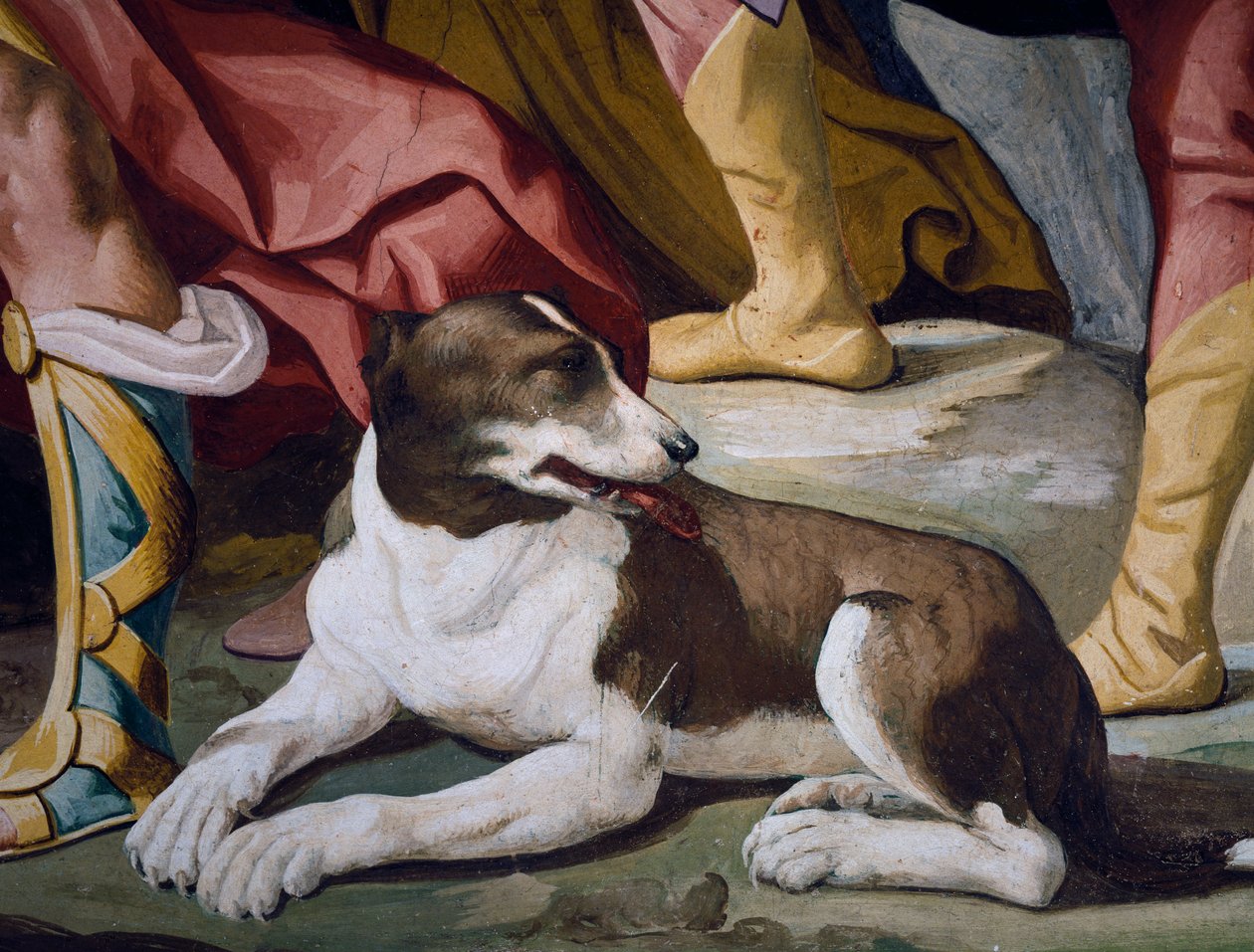 Perro (detalle) del fresco del ciclo de Historias de Antenor de Luca Ferrari