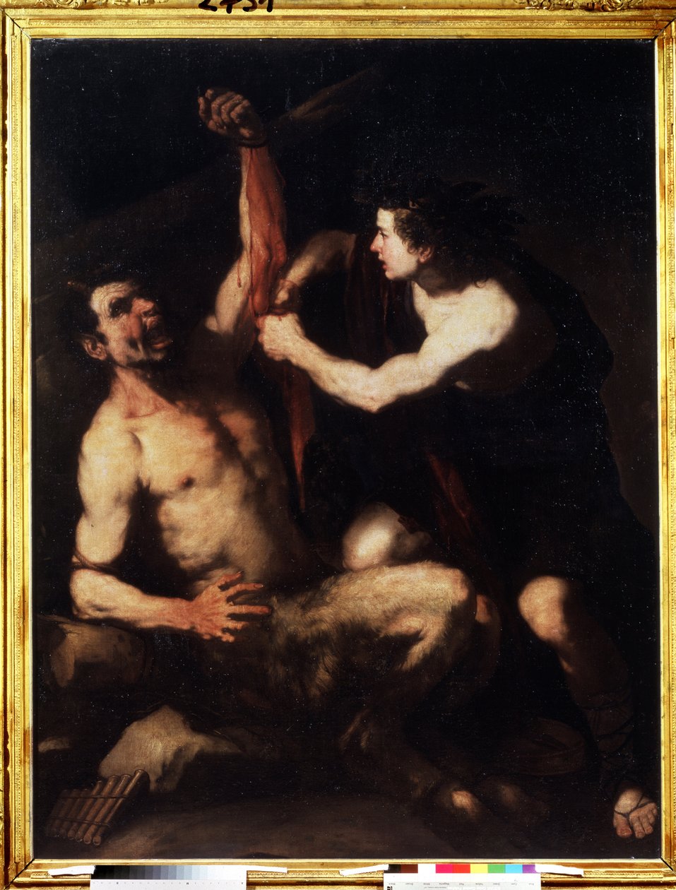 "Apolo y Marsias" Apolo, después de haber ganado el desafío contra Marsias, lo hace desollar y luego lo arroja a una cueva. Pintura de Luca Giordano (1632-1705) 1650 aprox. El manierismo. Museo Pushkin, Moscú de Luca Giordano