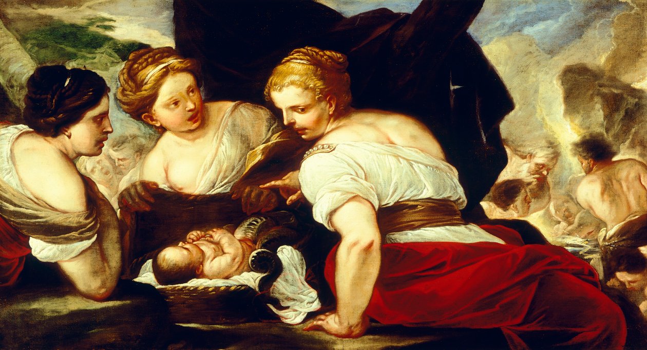 Las hijas de Cécrope abriendo la cesta que contiene al bebé Erictonio de Luca Giordano