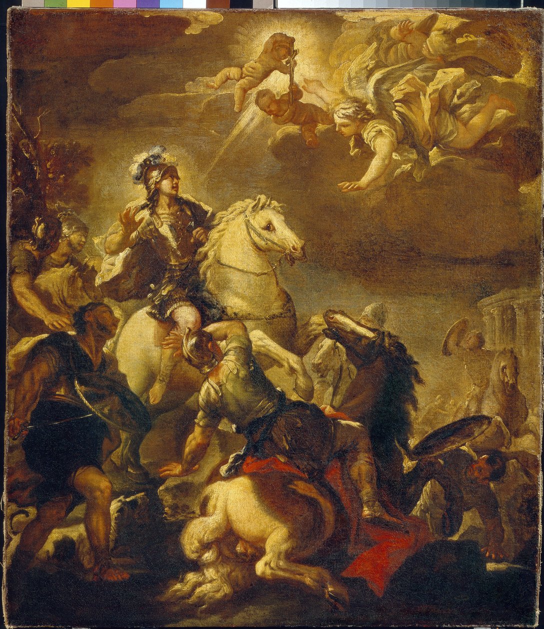 La aparición de la cruz al emperador Constantino (Flauius Valerius Aurelius Constantinus, 272-306). (La aparición de la cruz al emperador Constantino). Pintura de Luca Giordano (1632-1705), óleo sobre lienzo, hacia 1680. Arte italiano (Nápoles) de Luca Giordano