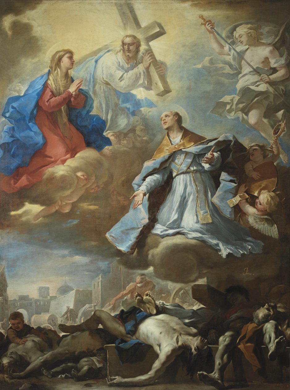 San Jenaro intercediendo ante la Virgen María, Cristo y Dios Padre por las víctimas de la peste de Luca Giordano