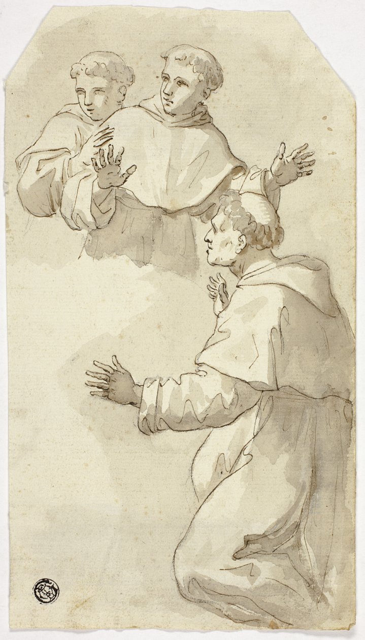 Tres monjes sobresaltados, uno de rodillas, dos de pie de Luca Giordano