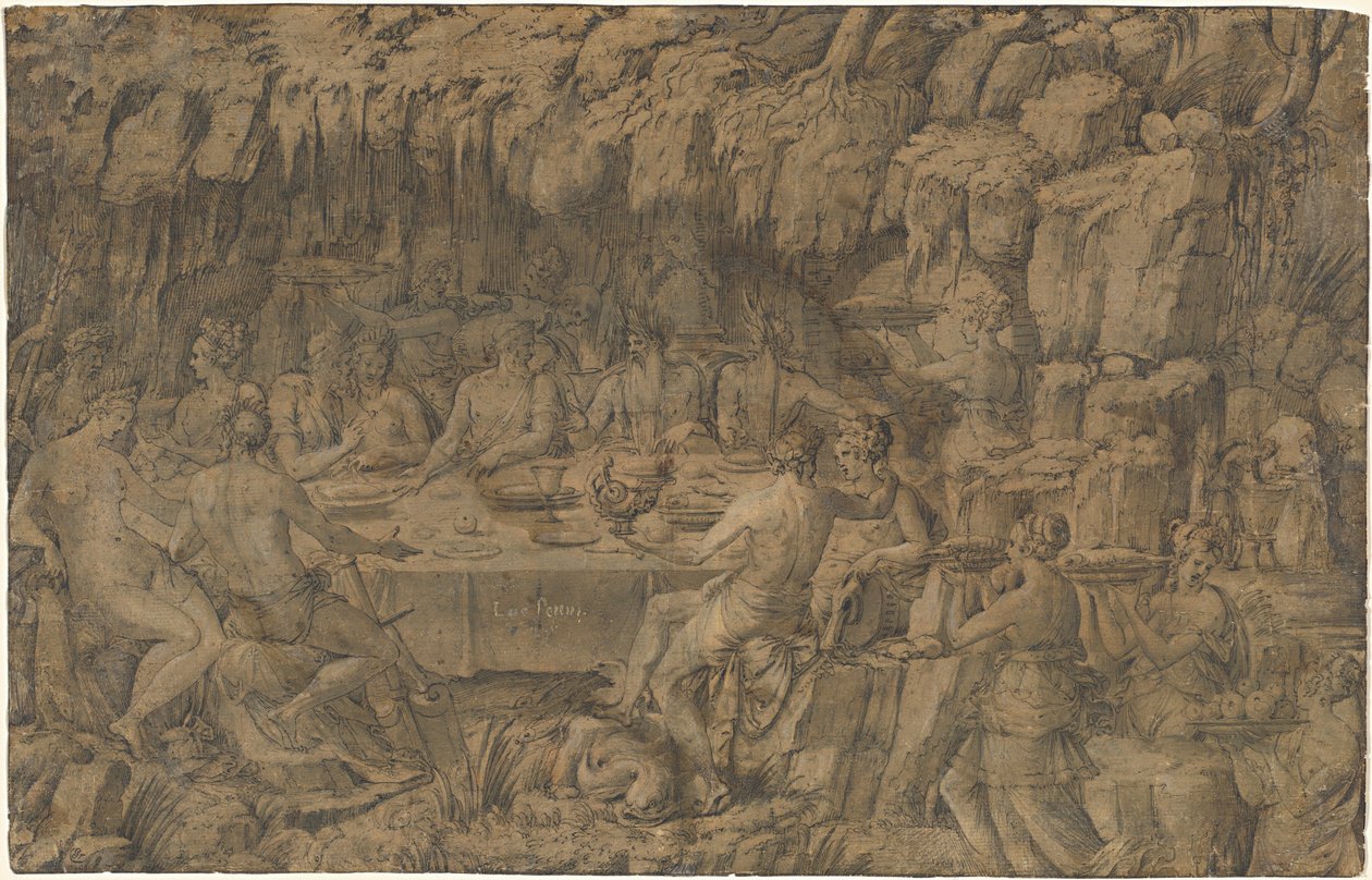 El banquete de Acheloüs, c.1545 (dibujo a pluma y tinta) de Luca Penni