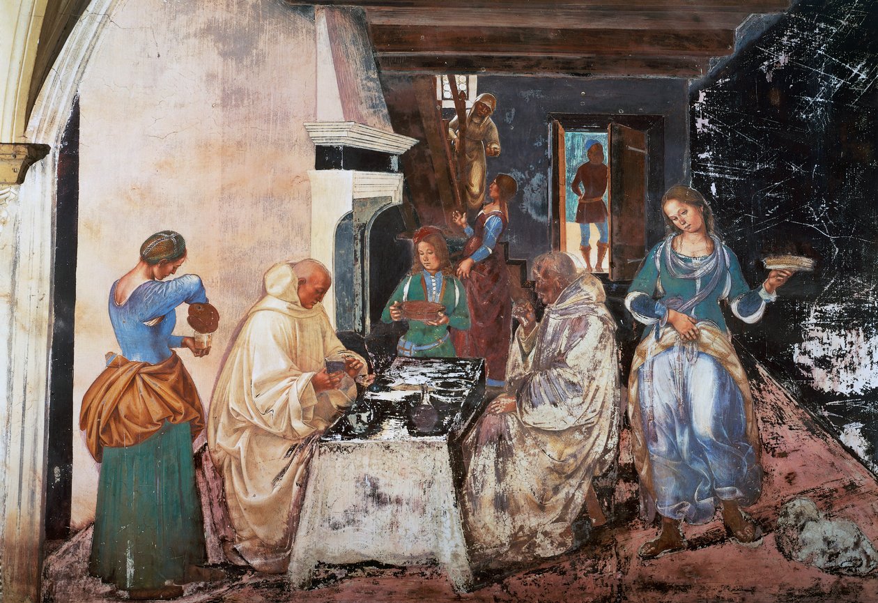 Benedicto dice a los monjes dónde y cuándo comieron mientras estaban fuera del Monasterio de Luca Signorelli