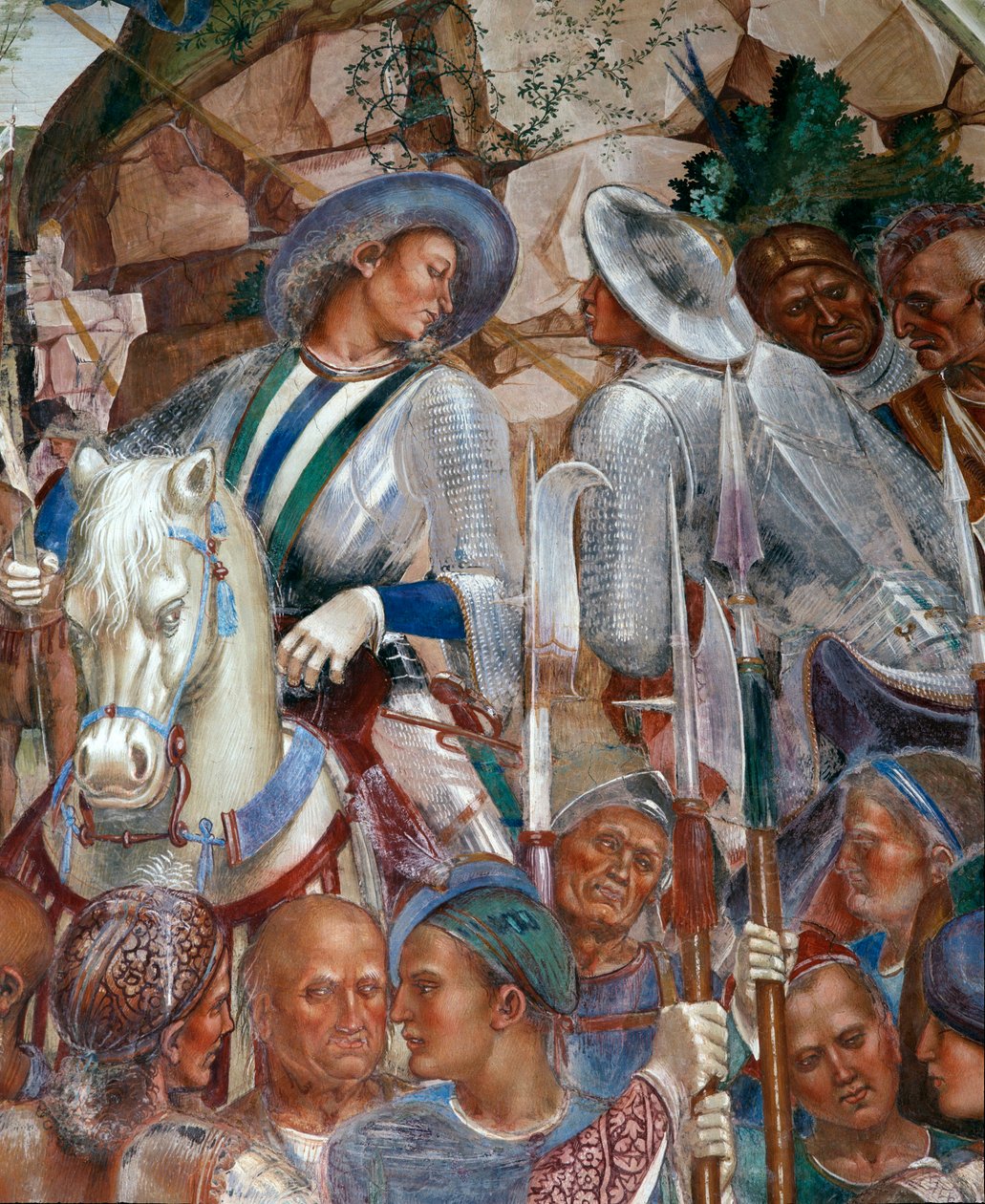San Benito recibe a Totila que ha venido a disculparse por haber puesto a prueba a Benito (detalle) de Luca Signorelli