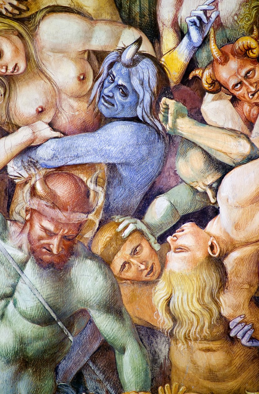 Condenados en el infierno, detalle con autorretrato de Luca Signorelli en forma de demonio azul, del ciclo de frescos del Juicio Final de Luca Signorelli