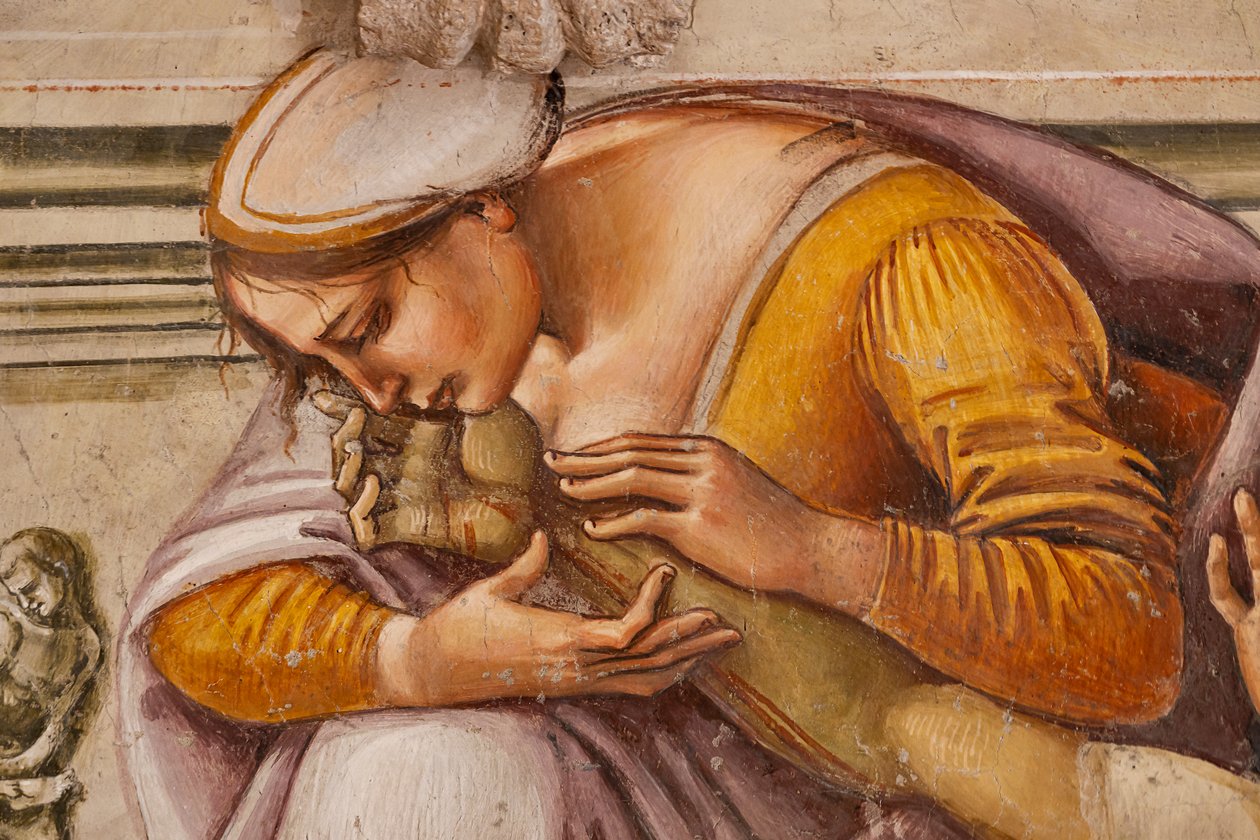 Lamentación de Cristo muerto entre los dos santos de Orvieto (S. Parenzo a la derecha y S. Faustino a la izquierda), detalle de Luca Signorelli
