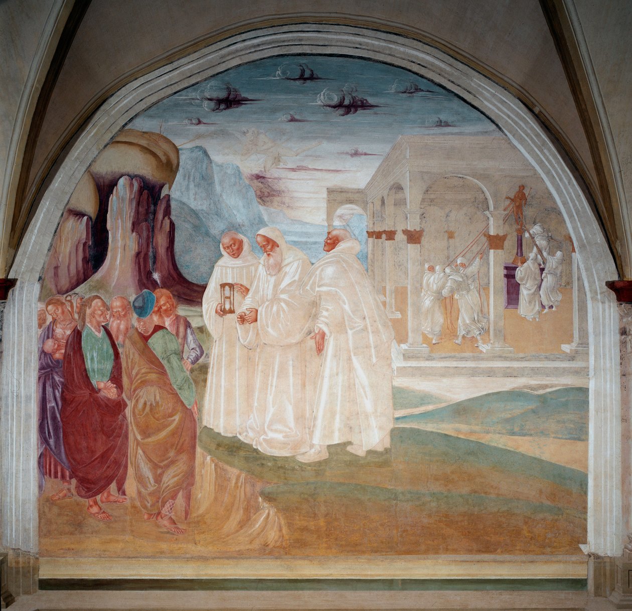 San Benito evangelizó a los habitantes de Monte Cassino, en el fondo los monjes derriban una estatua de Apolo de Luca Signorelli