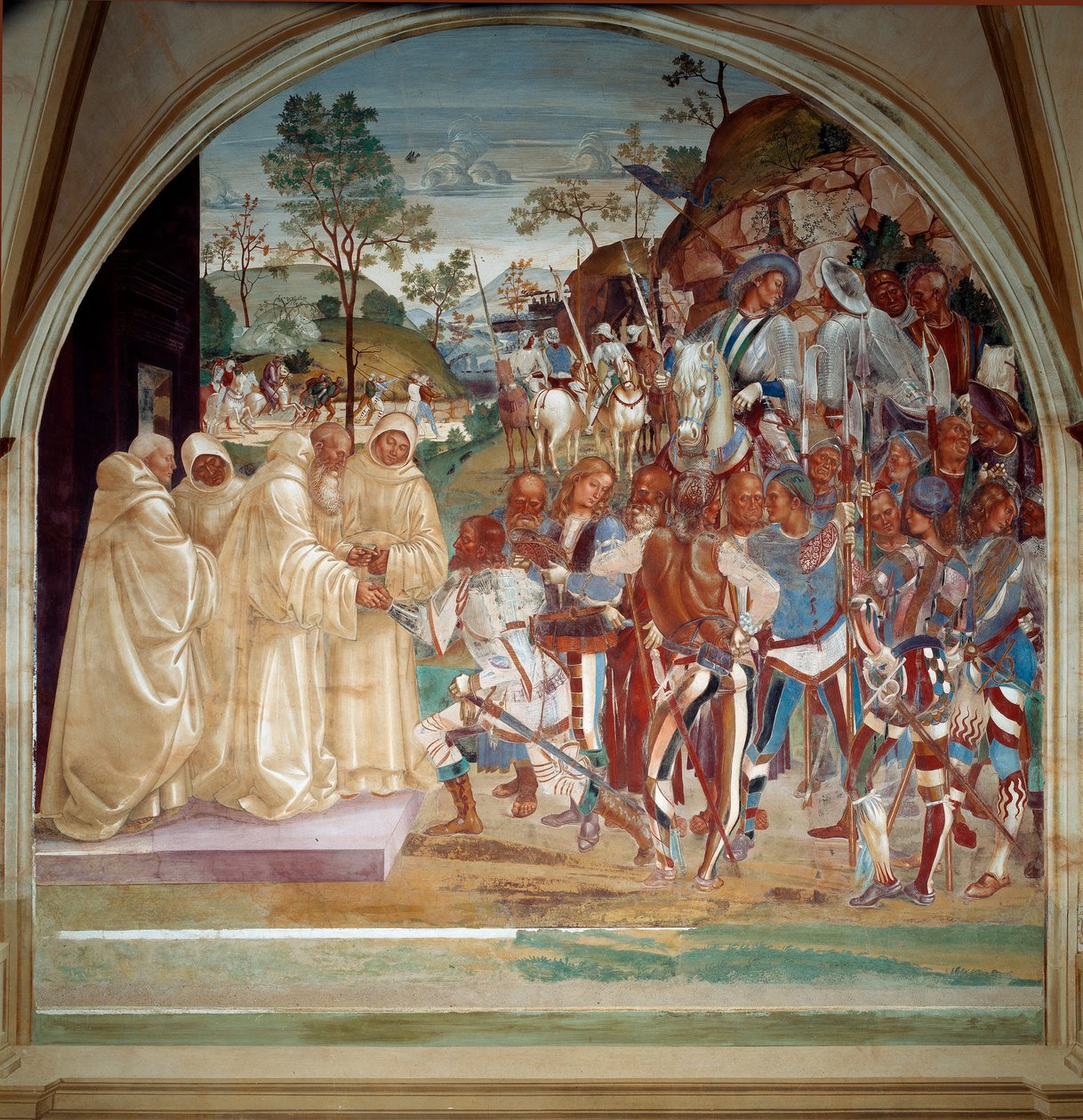 San Benito de Nursia recibiendo a Totila (siglo VI) rey de los Ostrogodos fresco del refectorio de los monjes hecho por Luca Signorelli relatando la vida de San Benito de Nursia (480 - 567) fundador de la Orden de los Benedictinos. 1503 - 1508 Abadía de Luca Signorelli