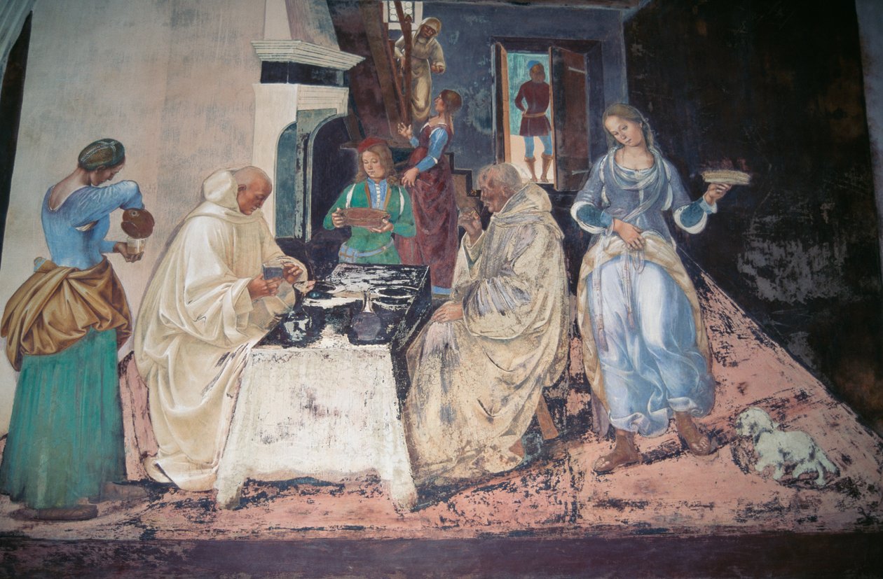 San Benito reprendiendo a dos monjes que han violado la regla, escena de las historias de San Benito de Monte Oliveto Maggiore de Luca Signorelli