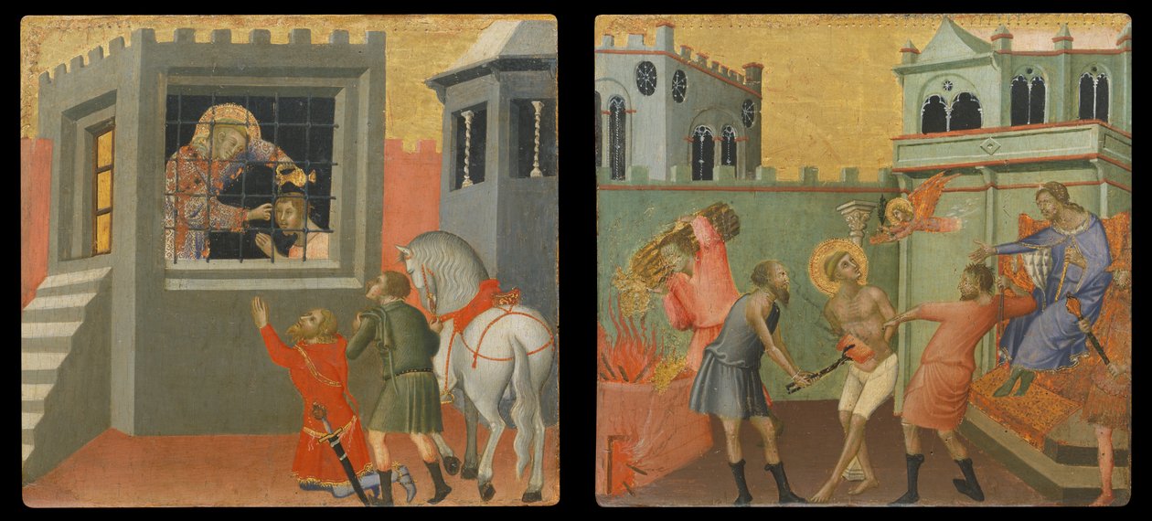 Panel Predella: El santo diácono bautiza a un neófito de la cárcel, El santo diácono martirizado en presencia de un magistrado romano (pintura sobre madera) de Luca di Tommè