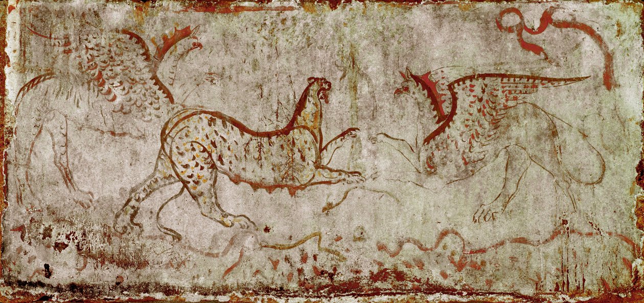 Una pelea entre una pantera y un grifo. Fresco lucano del siglo IV a.C., de la tumba del Jinete, necrópolis de Paestum, Italia. Museo arqueológico nacional, Paestum de Lucanian School