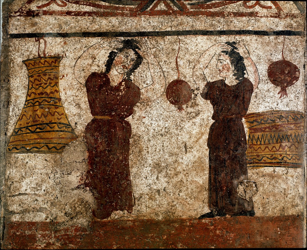 Un grupo de bailarines durante un rito funerario Fresco lucano del siglo IV a.C., de la necrópolis de Paestum, Italia. Museo nacional arqueológico, Paestum de Lucanian School