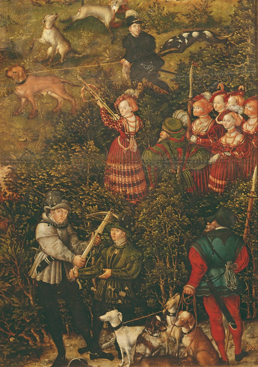 La electora Sibila de Sajonia preparándose para disparar con su ballesta en la cacería en honor del emperador Carlos V cerca del castillo de Hartenfels, Torgau, 1544 de Lucas Cranach the Elder