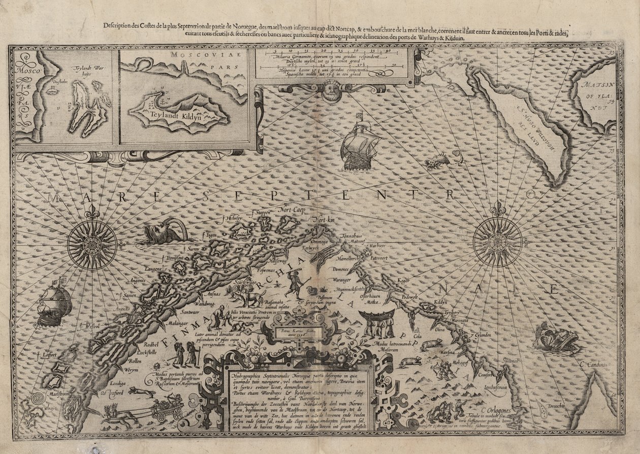 Mapa del norte de Noruega con recortes ampliados de Vardø y Kildin por Willem Barents de Lucas Janszoon Waghenaer